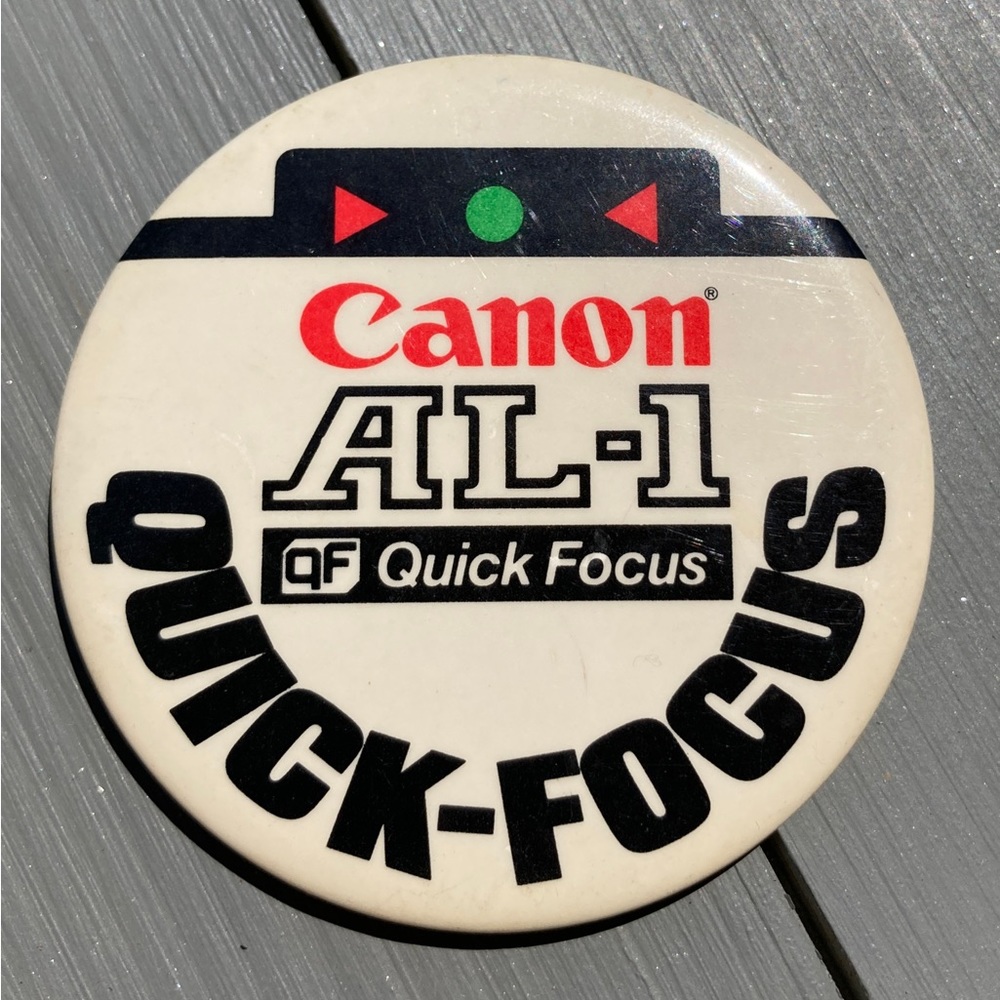 Vintage Canon AL-1 Quick Focus Camera Pinback Badge 80s Photography Advertising
